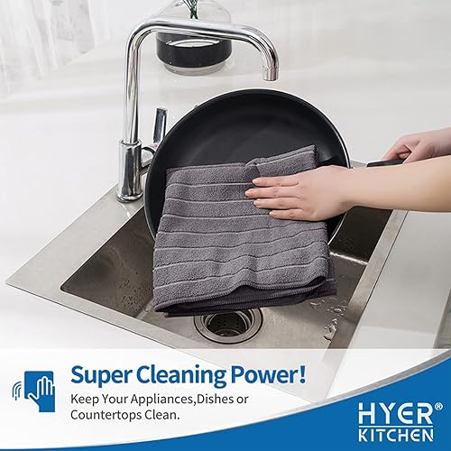 Miniatura 3 de HYER KITCHEN Toallas de cocina de microfibra, diseño a rayas, súper suaves y absorbentes, paquete de 8, 18 x 26 pulgadas, gris y blanco
