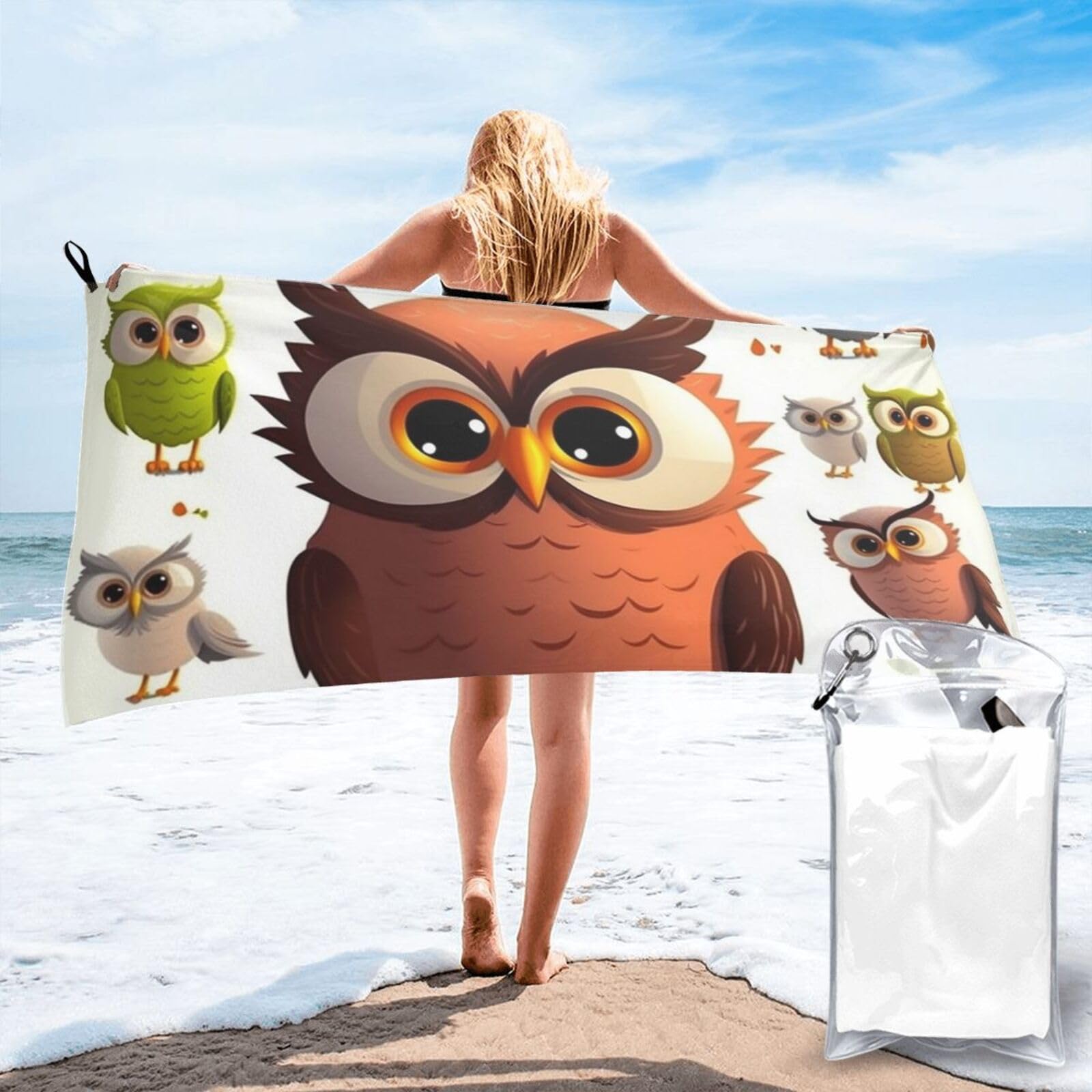 DWVTSLH Microfiber Sand Free Beach Towel 27.5"x55", Quick Dry Absorbent Travel Towel Large Camping Blanket, Cartoon owl Bath Towels Lightweight Pool Swim Towels for Vacation Essentials