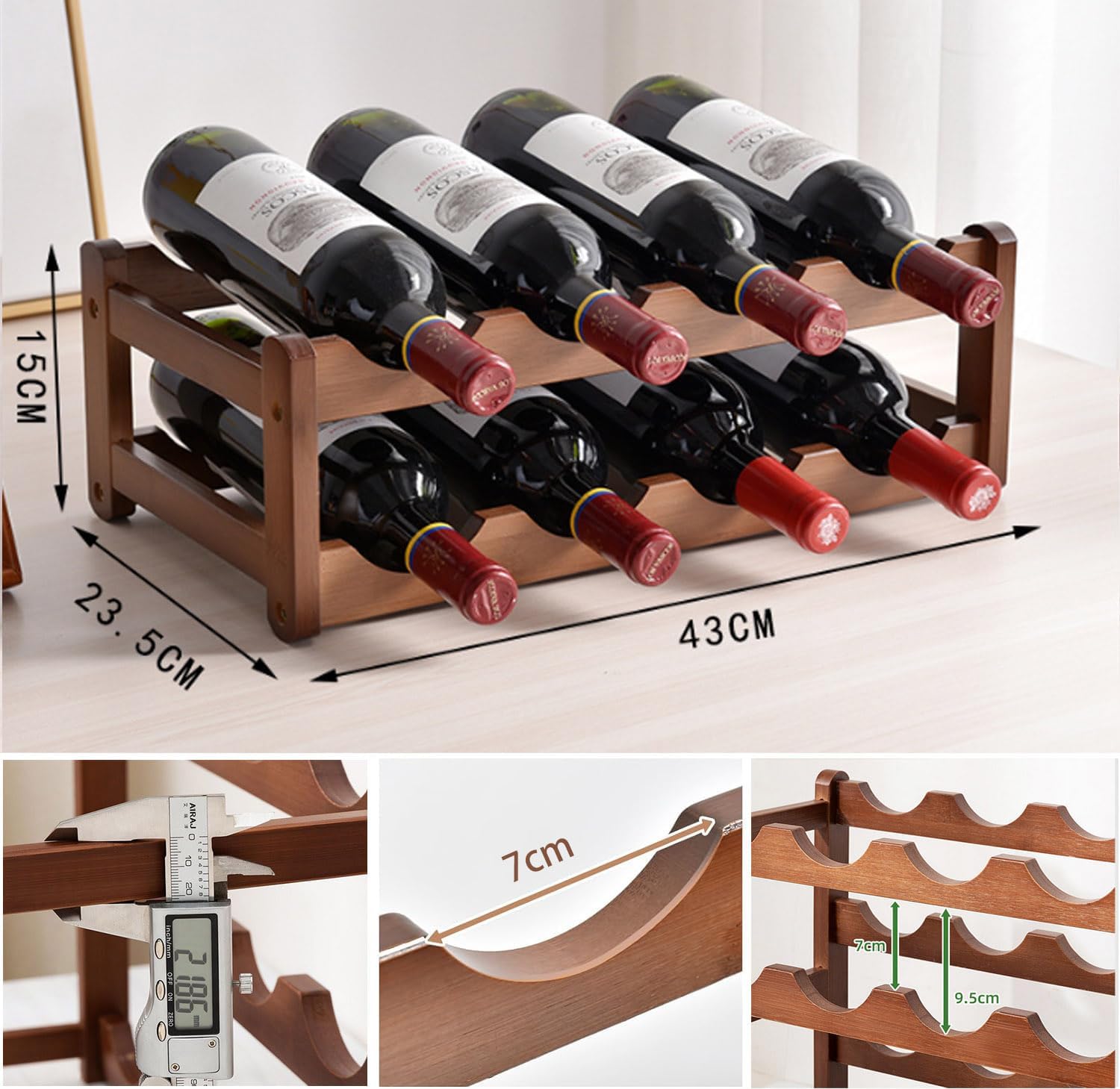 8 Bottle Wooden Wine Rack,2 Tier Free Standing Wine Storage Holder,Retro Minimalist Style Home Decorations Wine Display Shelves for Cabinet,Cupboard,Countertop