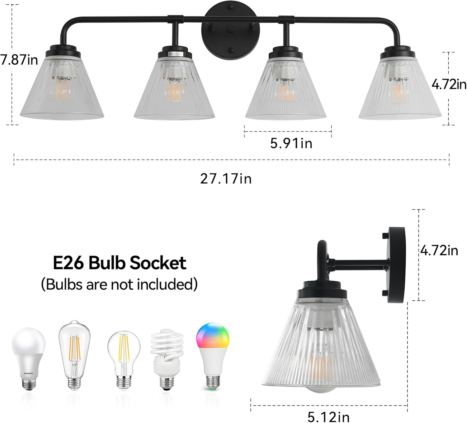 Modern Black Bathroom Vanity Light, 4-Light Wall Sconce with Clear Ribbed Glass Shades, Farmhouse Industrial Light Fixture for Bathroom, Vanity Mirror, Powder Room, Hallway (black, Powder Coated, 4)