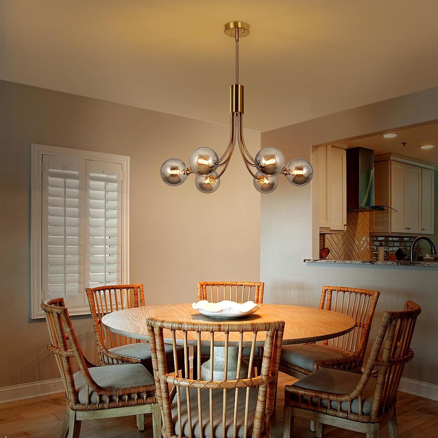 Modern Chandelier Gold Golbe Sputnik Chandeliers Dining Room Mid Century 6-Light Grey Glass Shade Light Fixture Brushed Brass Hanging Pendant Kitchen Island Entryway Living Room