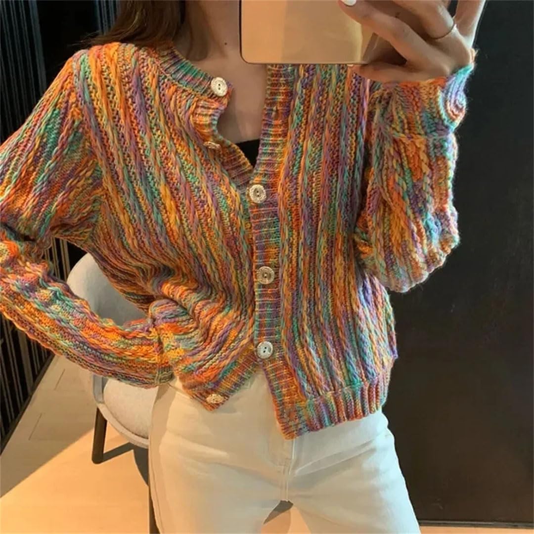 Women's Rainbow Color Cardigan with Buttons Autumn Winter Long Sleeve Knit Cardigan Sweaters
