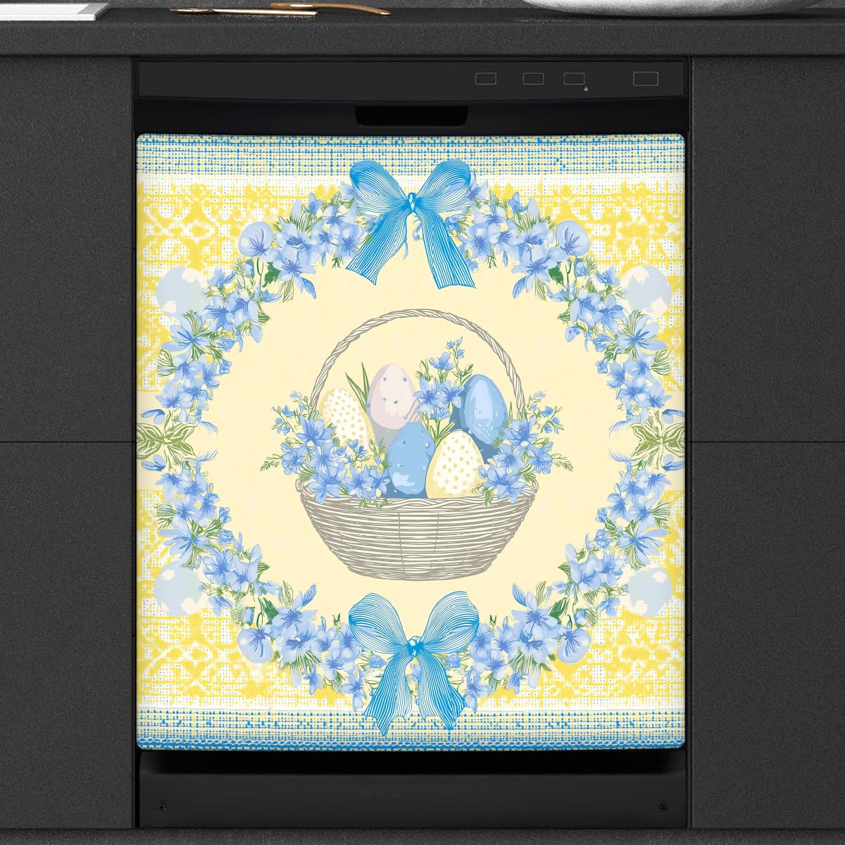 Mexpekil Adesivo decorativo per lavastoviglie per cestino pasquale giallo e blu, 58 x 66 cm, adesivo decorativo per lavastoviglie per porta d'ingresso, impermeabile, pannello magnetico per