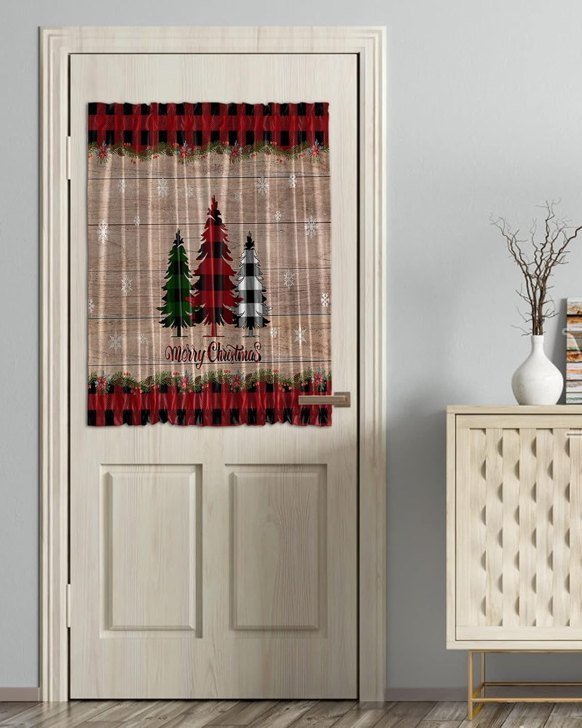 SEVENBABU Door Curtains Thermal Insulated Blackout Door Drapes with Curtain Tie Up, Buffalo Check Pine Tree Merry Christmas Rustic Wood Door Curtain for Bedroom Window/Living Room/Doorways 54x40inch