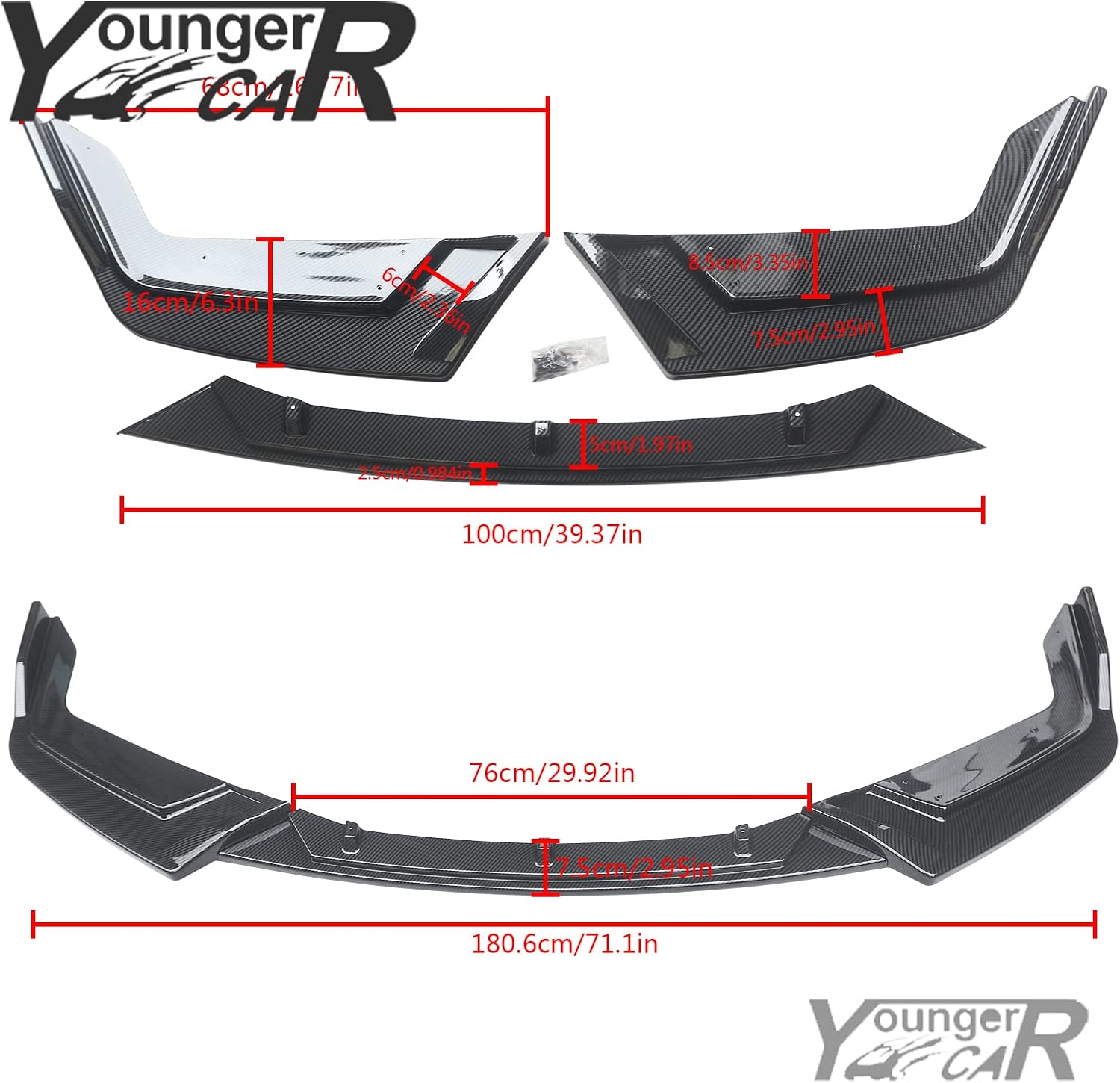 YOUNGERCAR Front Bumper Lip Fit for 2017-2021 Honda Civic Si FK7 Hatchback ABS Carbon Fiber Painted Front Spoiler Lip Splitter Bumper 3 Pieces