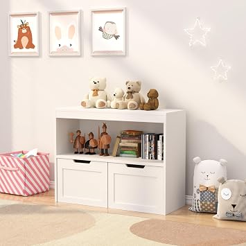 Kids Wooden Toy Box with Two Drawers, Toy Storage Cabinet Organizer Book Organizer, Kids Bookshelf, Bookcase, Multifunctional Storage Chest for Playroom, Nursery White, 2 Drawers