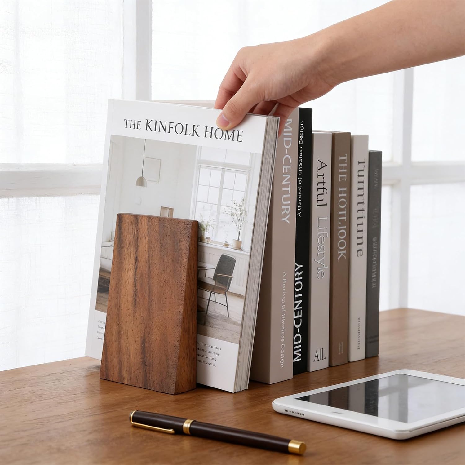 2pcs Book Ends for Shelves Book end Wood Thickend Wooden Books Ends for Heavy Books Wood Bookends Wooden bookends Modern Decorative Accessories to Hold boook Firmly on Bookshelf Walnut