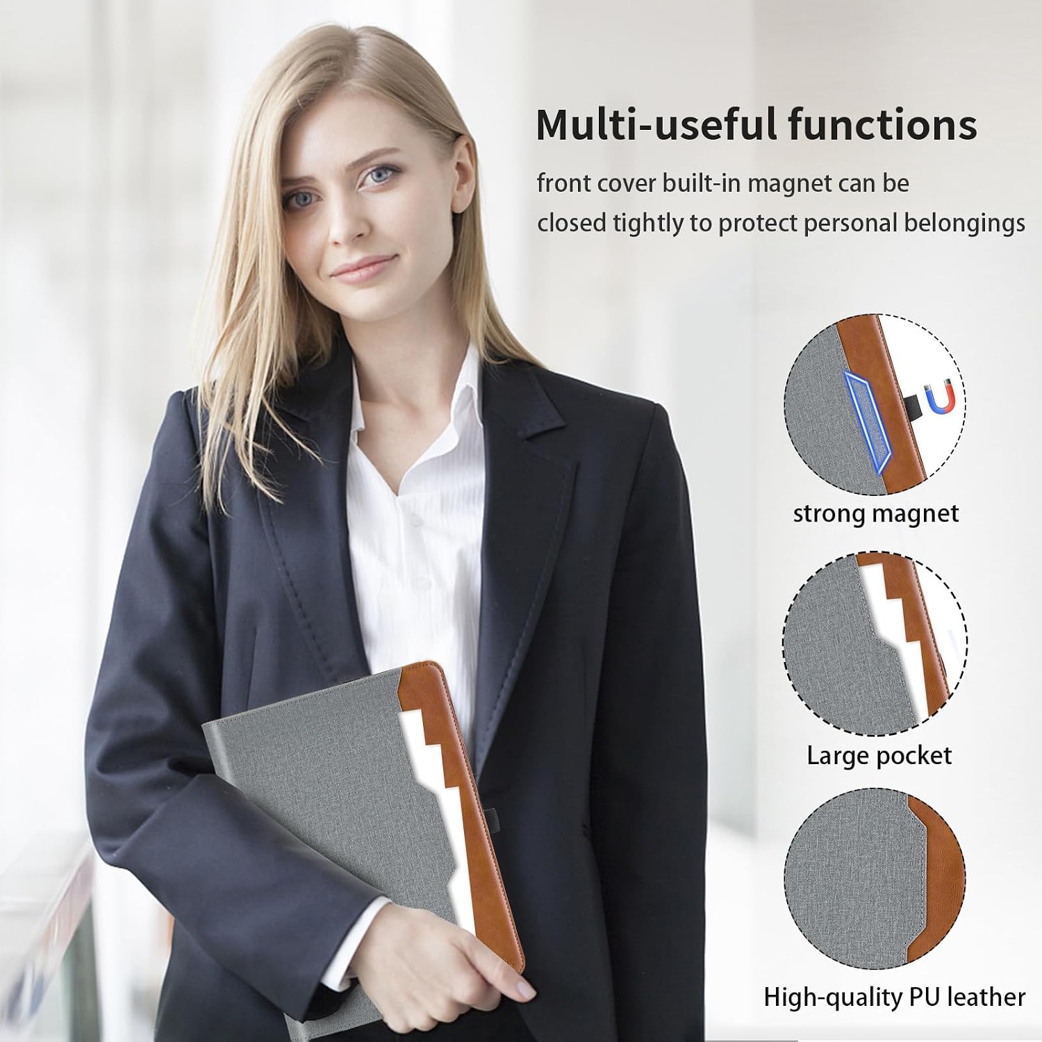 Case for Lenovo Idea Tab 11 Inch 2025 (TB-336ZU/TB-336FU) / Moto Pad 2026 11 Inch - PU Leather Business Folio Case with Hand Strap and Pocket, Gray image 5