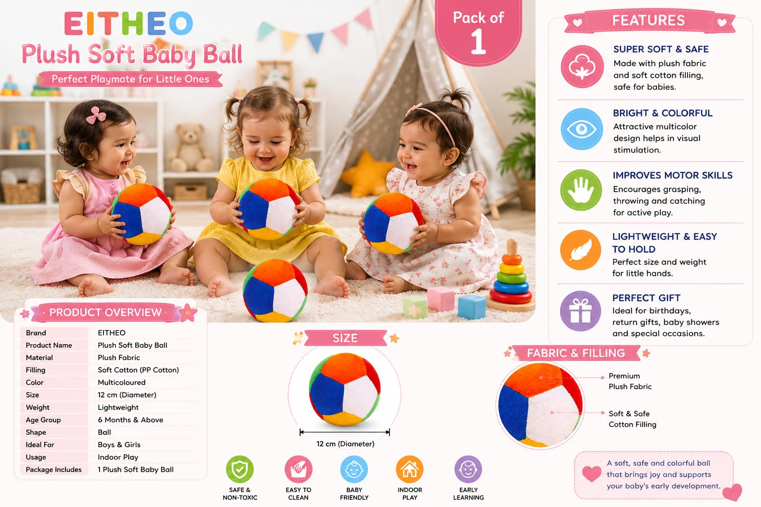 EITHEO Plush Soft Baby Ball Toy | Colorful Fabric Sensory Football for Babies & Kids | Lightweight Stuffed Ball for Indoor Play & Early Learning | Pack of 1 2