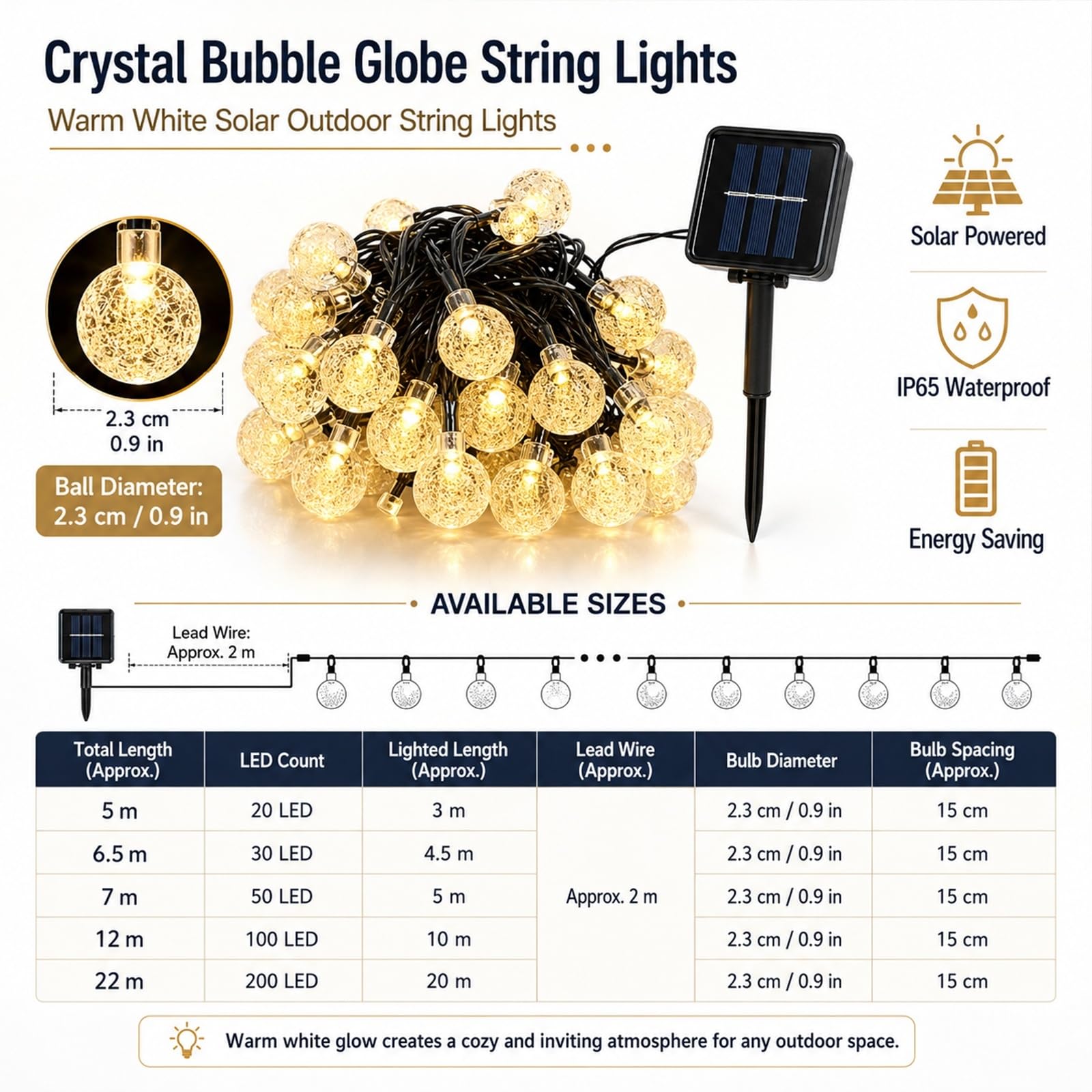 Hiseng Catena Luminosa Esterna Solare, Luci Solari Esterno da Giardino a Bolle LED, Sfera a Bolle da 2,3 cm, Lampade Solari Impermeabili per Campeggio, Terrazzo, Balcone (Bianco,22m 200LED)