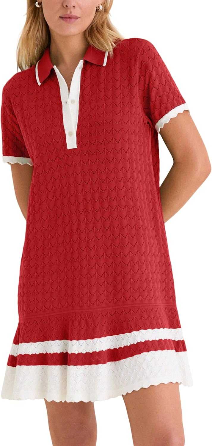 Shiyifa Womens Summer Sweater Polo Dresses Crochet Knit Short Sleeve Mini Dress Loose Casual Sundress