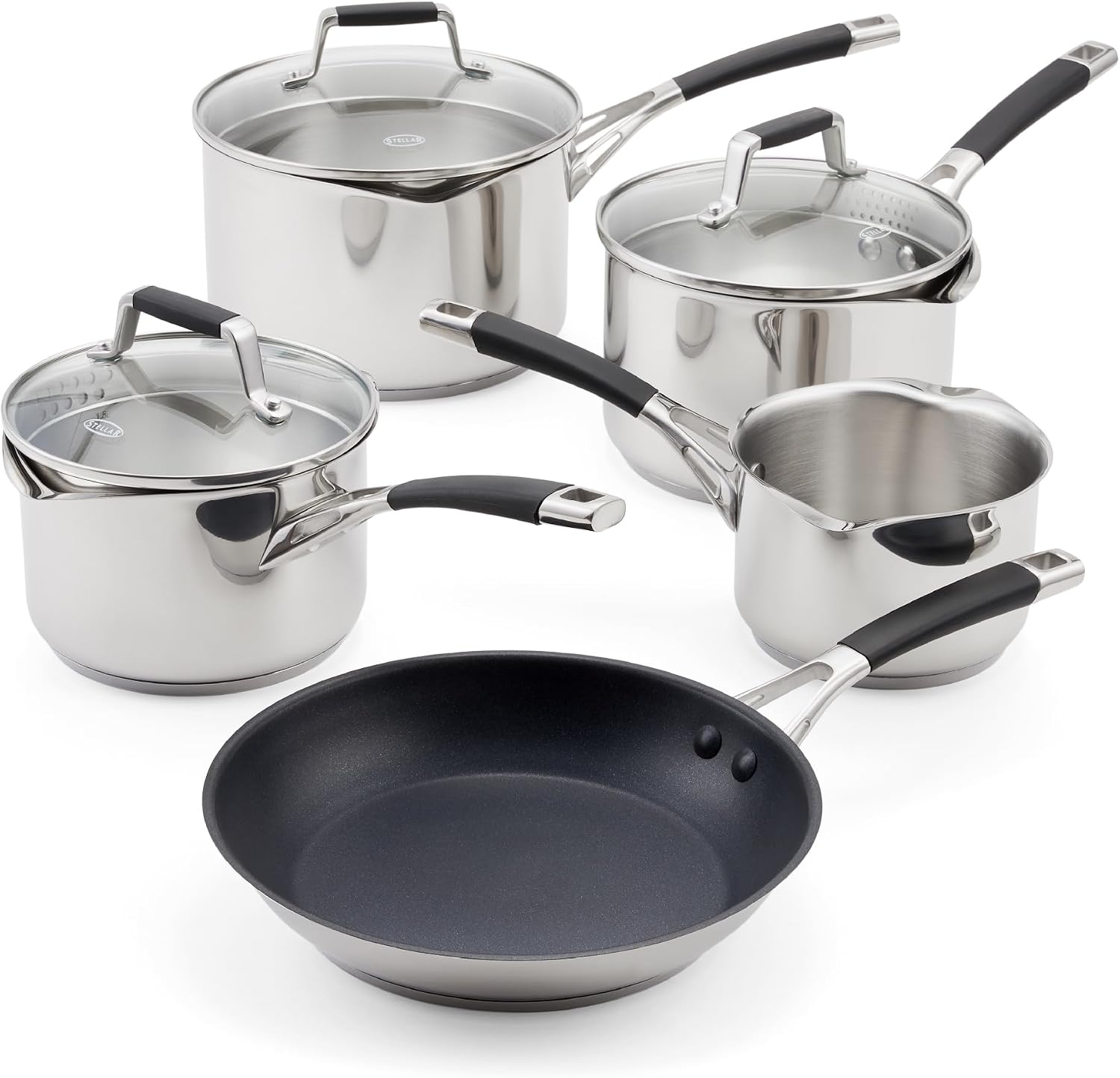 Stellar Flow 5 Piece Draining Saucepan Set – Stainless Steel Cookware Set with Draining Lids, Easy-Pour; Internal Measurement Guides – Includes 14cm Milk Pan, 3 Saucepans, 24cm Non-Stick Frying Pan