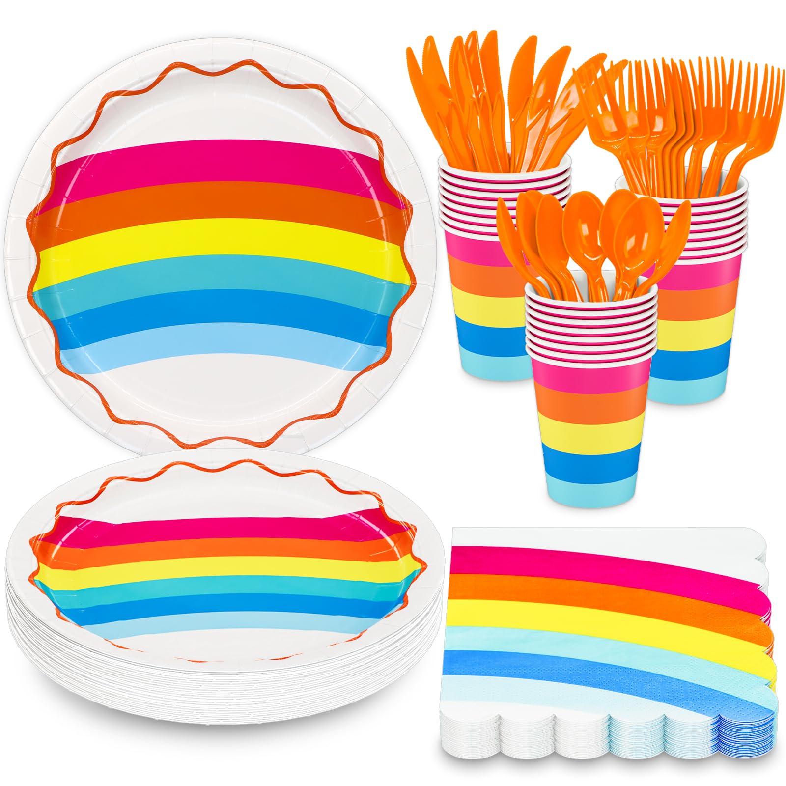 DYLIVeS Rainbow Party Supplies Pack, Rainbow Disposable Tableware Set