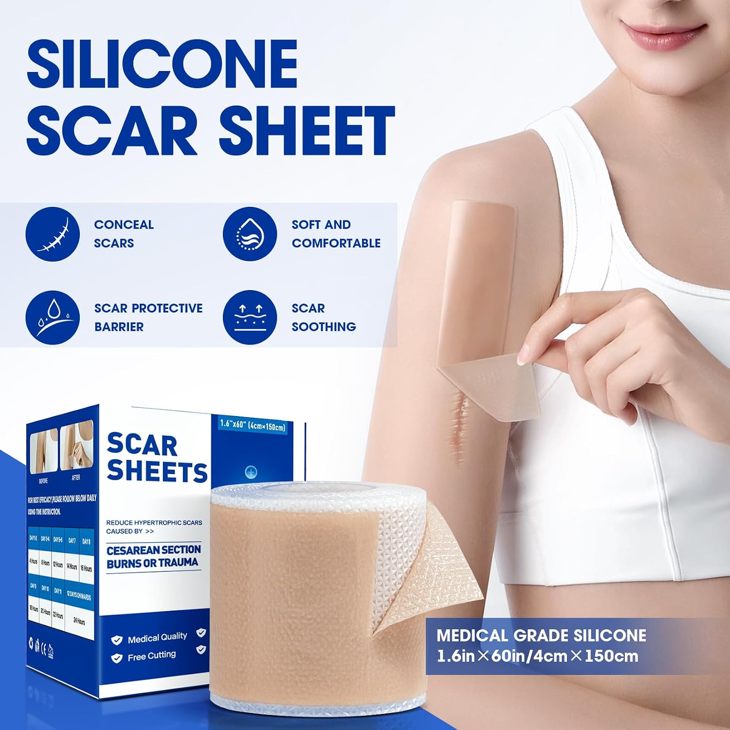 Medical Silicone Scar Tape, 1.6″ x 60″ Roll | Keloid & Burn Scar Removal, Reusable, 1.5M Long, for Tummy Tuck, Acne, Surgical Scars, C-Section