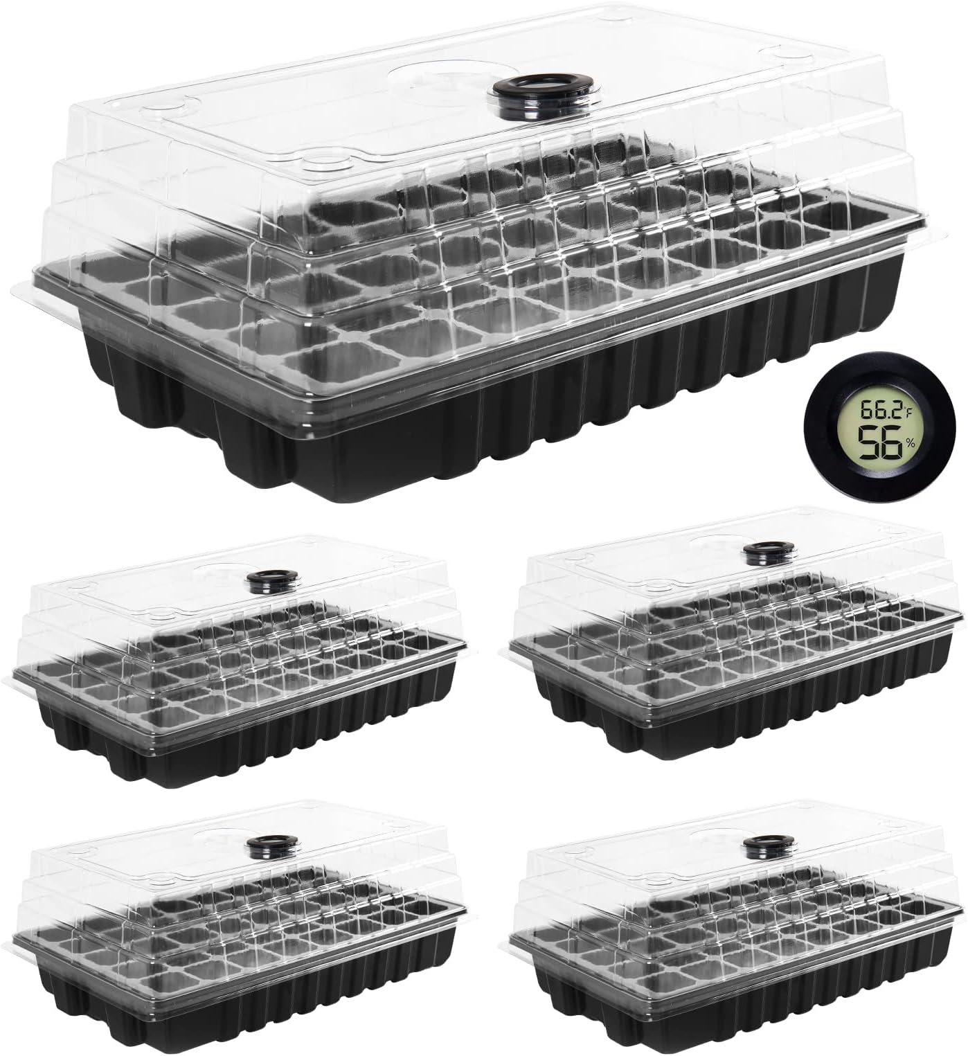 Bonviee 5 Packs Seed Starter Tray with Hygrometer Thermometer, 40-Cell Seed Starter Kit with Clear and Elevated Humidity Dome, Greenhouse Kit Indoor for Cloning, Propagation, Sprouting and Germination