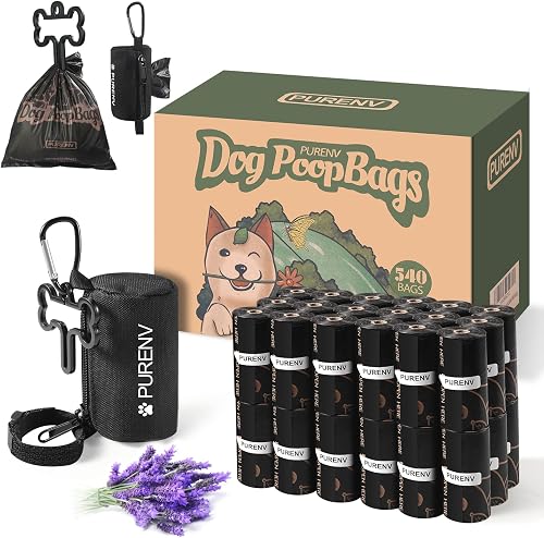 540 Count Biodegradable Dog Poo Bags, with Poop Bag Dispenser and Hands Free Poo Bag Carrier, Plant Based Eco Friendly Doggy Waste Bag, Lavender Scented, 100% Extra Thick, Strong Leak-proof
