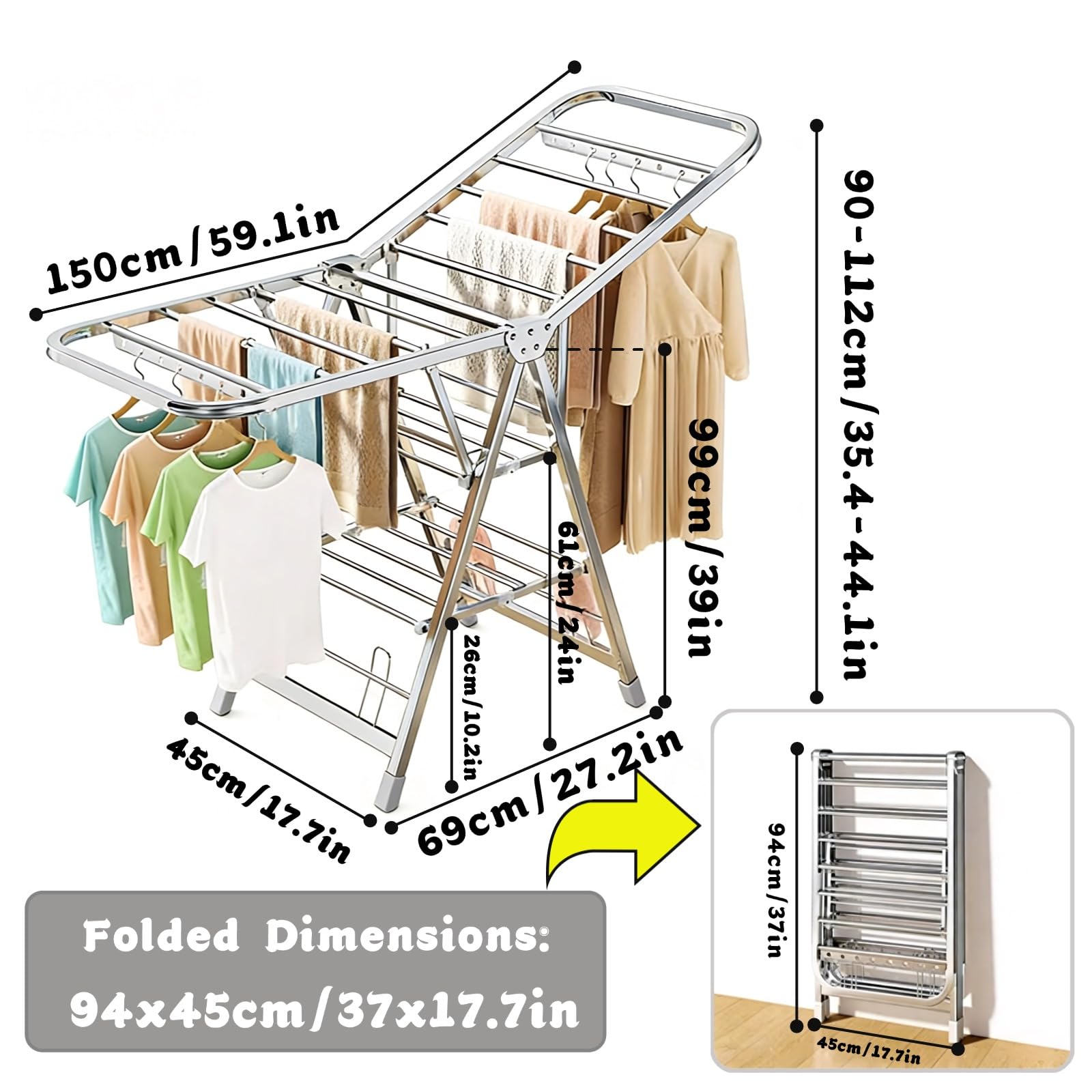 Estante de Secado Plegable con Ruedas, aireador de lavandería de Acero Inoxidable, Barras Ajustables de Altura y de Viento, diseño de Ahorro de Espacio para Uso Interior al Aire Libre