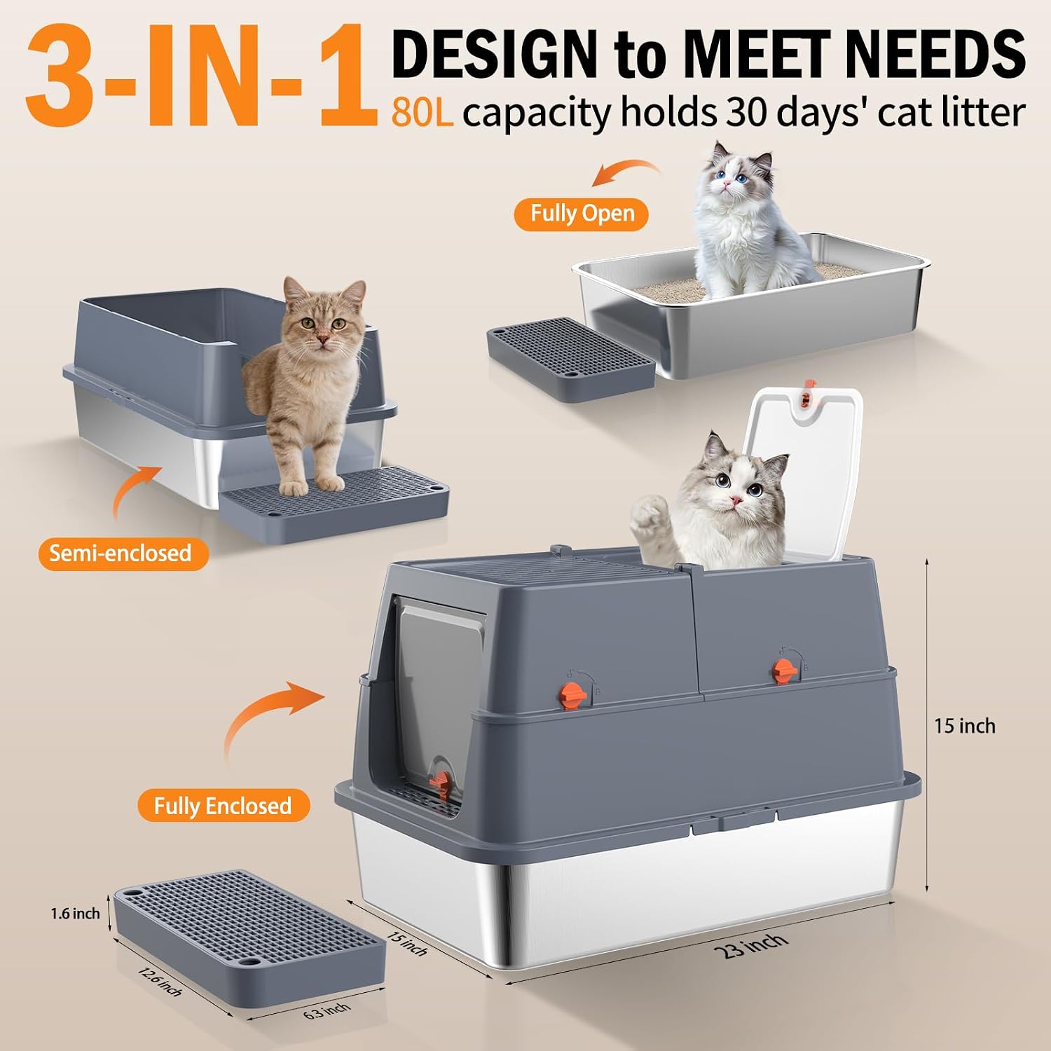 Stainless Steel Litter Box with Lid, Front Entry Top Exit Enclosed Metal Litter Box, Extra Large Flip-Top Kitty Litter Pan with Scoop & Pedal, Odor Control, Odor Free, Grey
