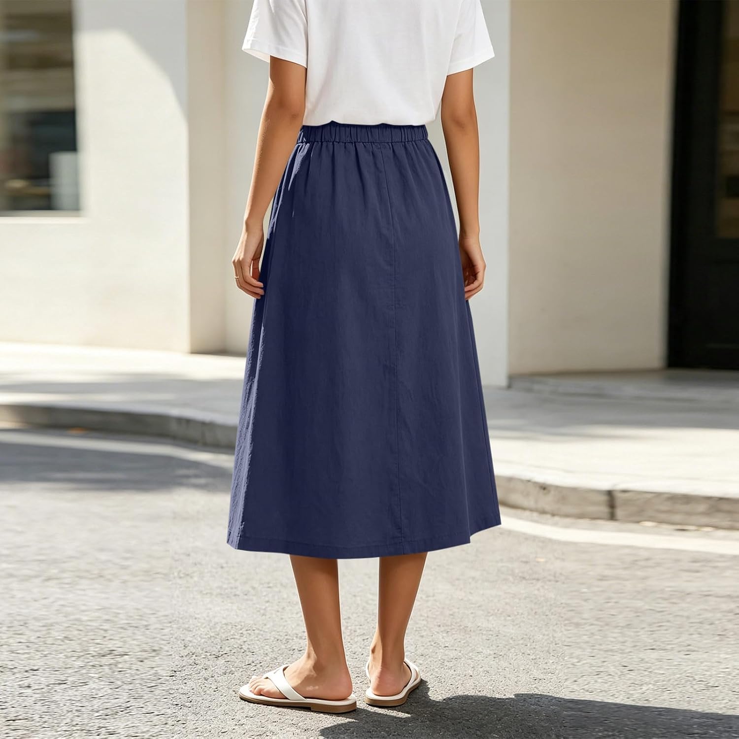 Midi Skirts for Women Cotton Linen Casual Dressy Fashion Flowy Elastic High Waist A Line Long Skirt with Pockets