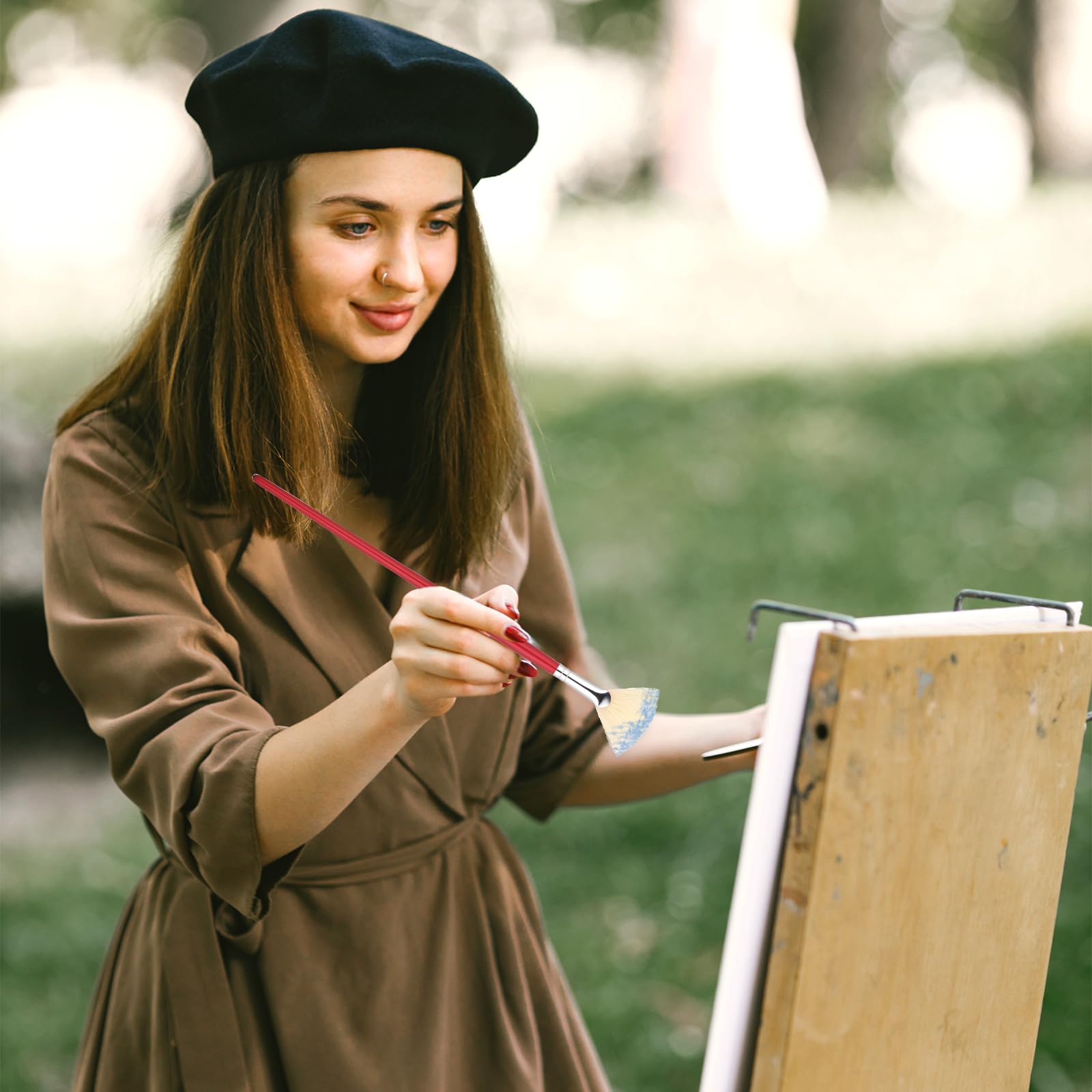 7 pennelli a ventaglio per pittura, set di pennelli a ventaglio con setole naturali e manico lungo, pennello professionale a forma di ventaglio, morbido, anti-spargimento, per pittura acrilica, olio