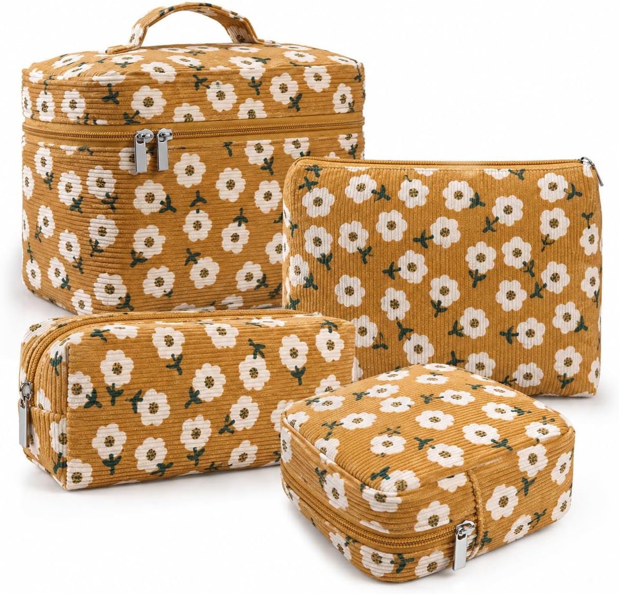 4 Pcs Makeup Bag for Women Corduroy Cosmetic Bag Aesthetic Cute Bags Multi Size Purse Pouch Travel Toiletry Bag Set Makeup Organizer with Zipper (13-GoldDaisy)