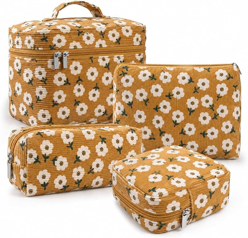 Conjunto com 4 necessaires de veludo cotelê LVWNM com zíper, tamanhos variados, 13-GoldDaisy