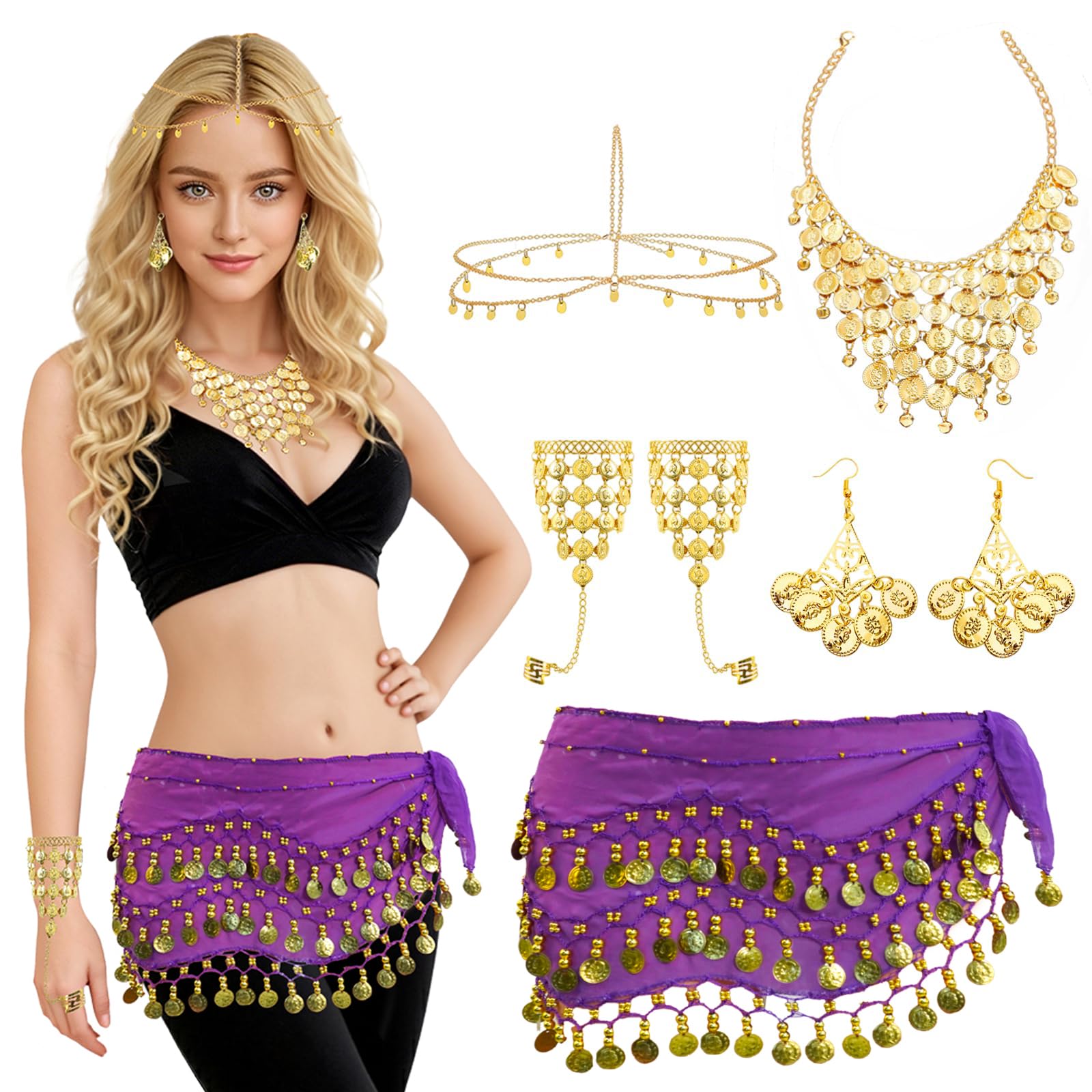 Baisdan 7 Pcs Belly Dance Jewelry Set, Fortune Teller Costume, Belly Dance Hip Scarf with Gold Coins, Sequin Head Chain, Necklace, Earrings, Bracelets Accessories for Halloween Carnival