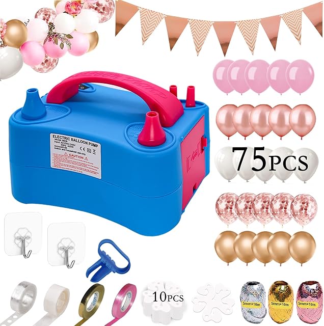 Magic4U Electric Balloon Pump, 230V 400W Portable Dual Nozzles Air Inflator with Balloons, Rose Gold Pennant Decorating Strip Kit, Glue, Tying Tool for Party Decoration