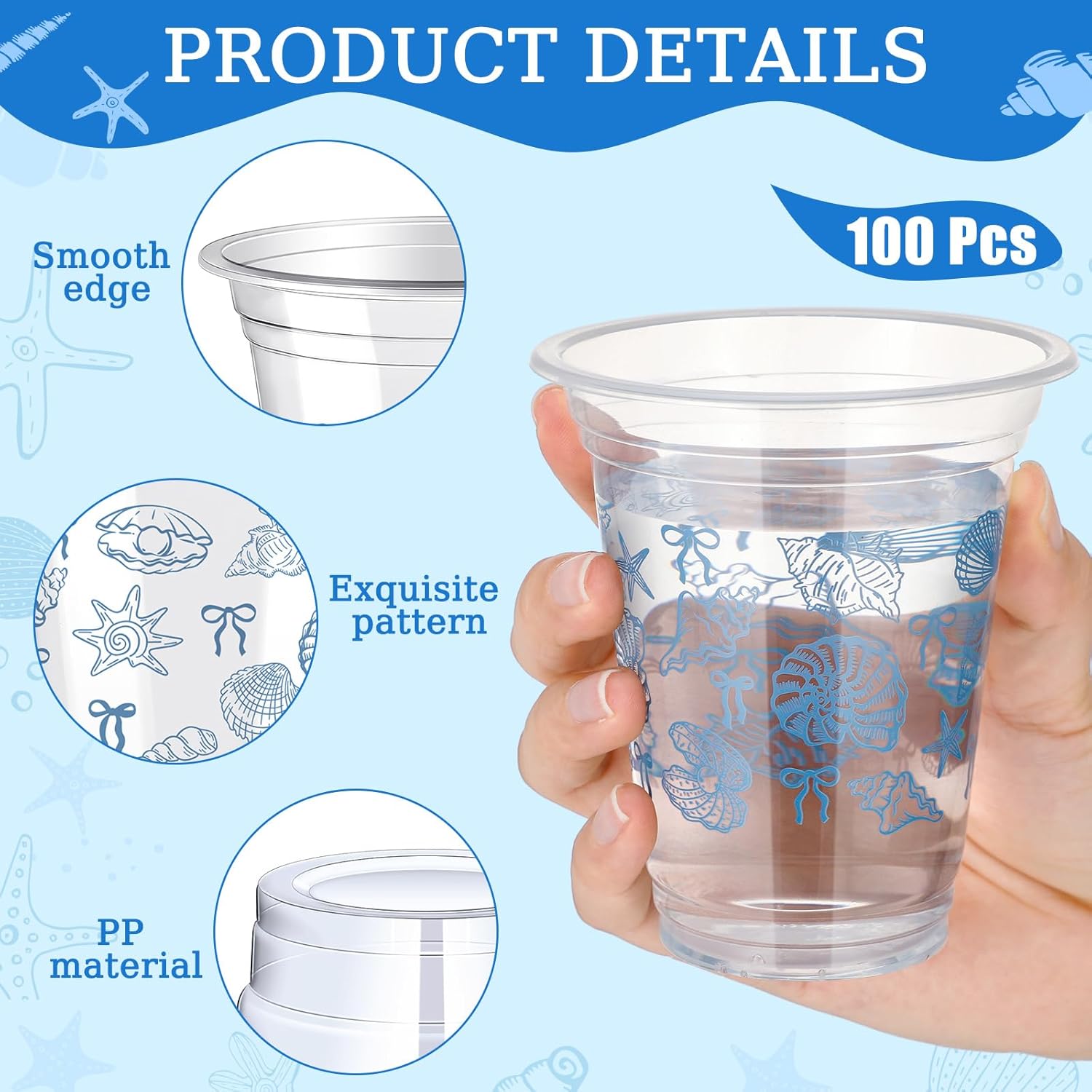 Qinyoung 100 Pcs Blue Bow Seashell Cups Summer Beach Party Decoration 12 oz Ocean Themed Disposable Plastic Drinkware Coquette Coastal Drinking Cups for Birthday Bachelorette Bridal Supplies