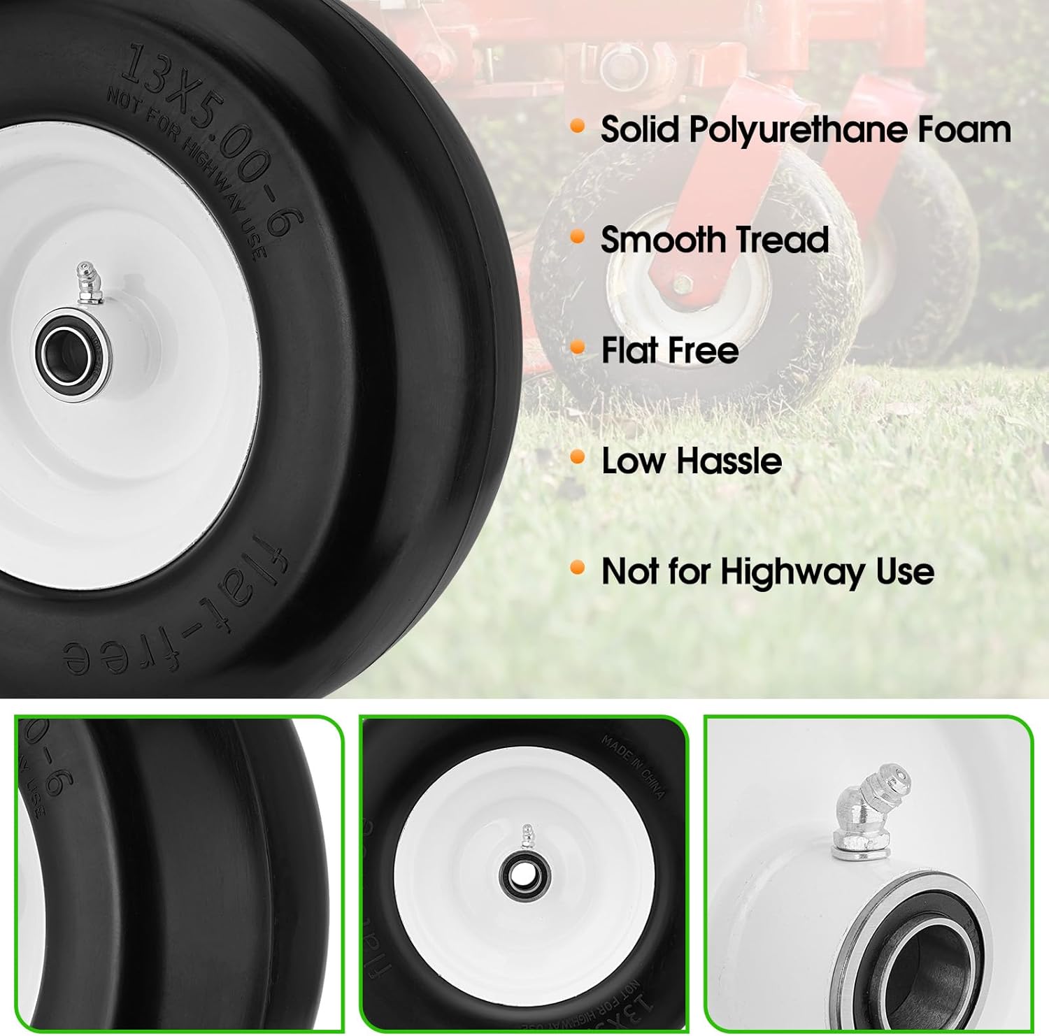 2PCS 13x5.00-6 Flat Free Tire and Wheel with 1/2" & 3/4" & 5/8" Precision Bearings and 3"-11" Centered Hub, White Front Zero-Turn Smooth Tire Replacement for Riding Lawn Mowers Garden Tractor