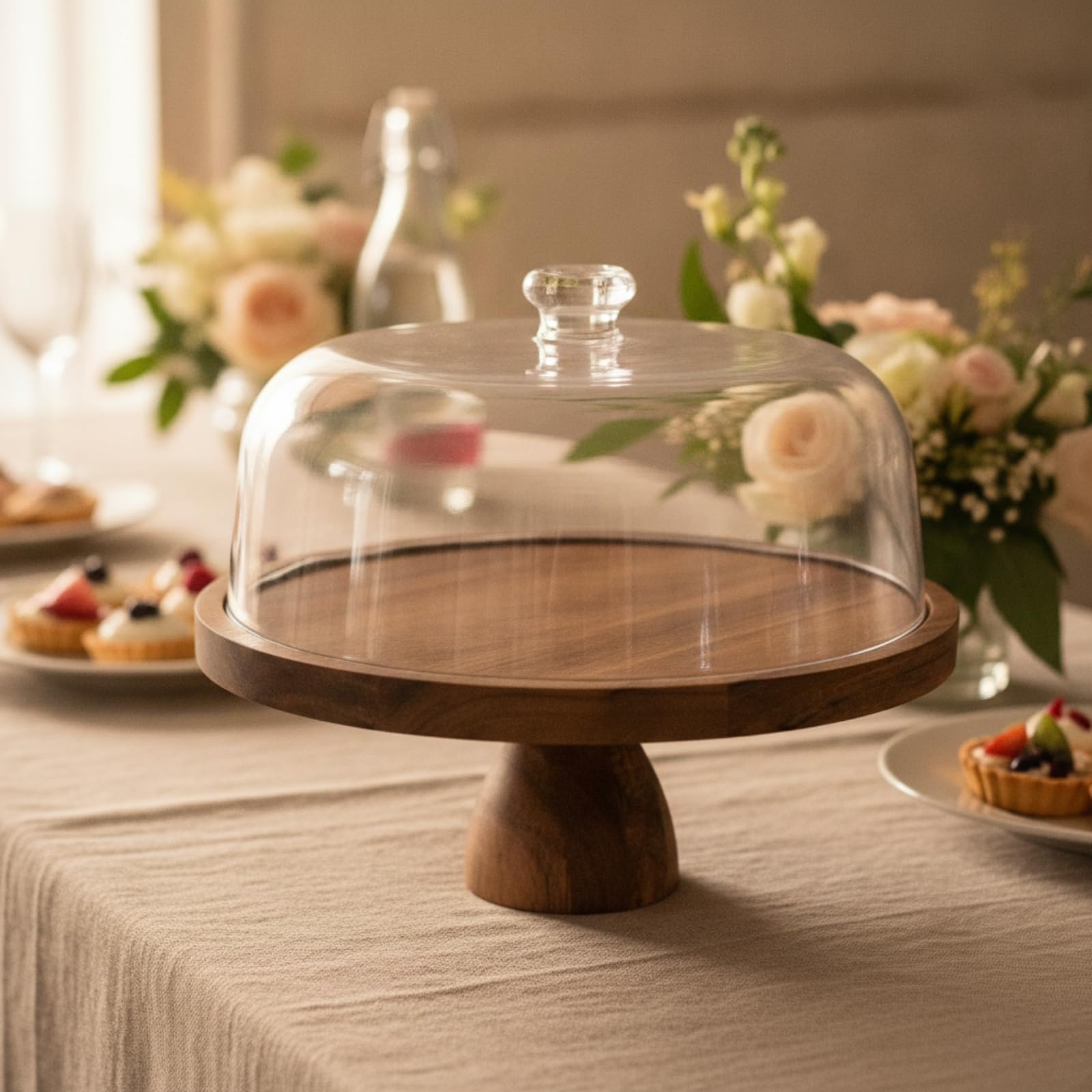 Alzata con Campana in Legno | Torta con Cupola Trasparente, Stabile, per Pasticceria, Tavola, Collo