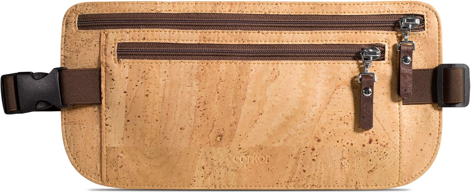 Cintura da viaggio in sughero Corkor, custodia da viaggio porta passaporto vegana sottile con blocco RFID per proteggere contanti, carte di credito e documenti di viaggio, marrone chiaro, casual