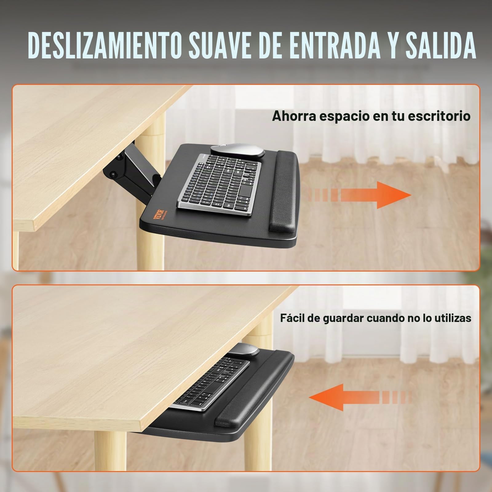 VEVOR Soporte para Teclado Bandeja Deslizante para Teclado y Ratón de 63,5x25 cm Debajo del Escritorio Carga Máxima de 5 kg Fijación Fácil y Ángulo Ajustable para PC en Oficina Casa