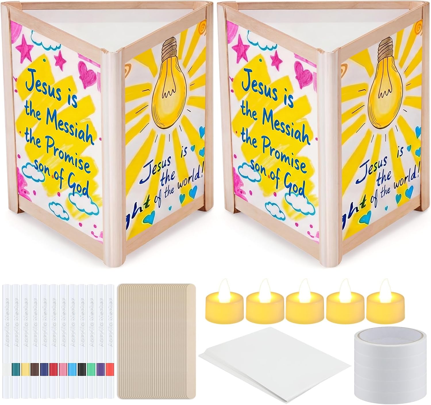 Resurhang 741 Pcs VBS 2026 Stick Lantern Craft Kits with 24 Tea Light 600 Wooden Sticks 12 Paint Markers 100 Tracing Paper 5 Double Sided Tape for Illumination Theme Church Classroom Party Favor