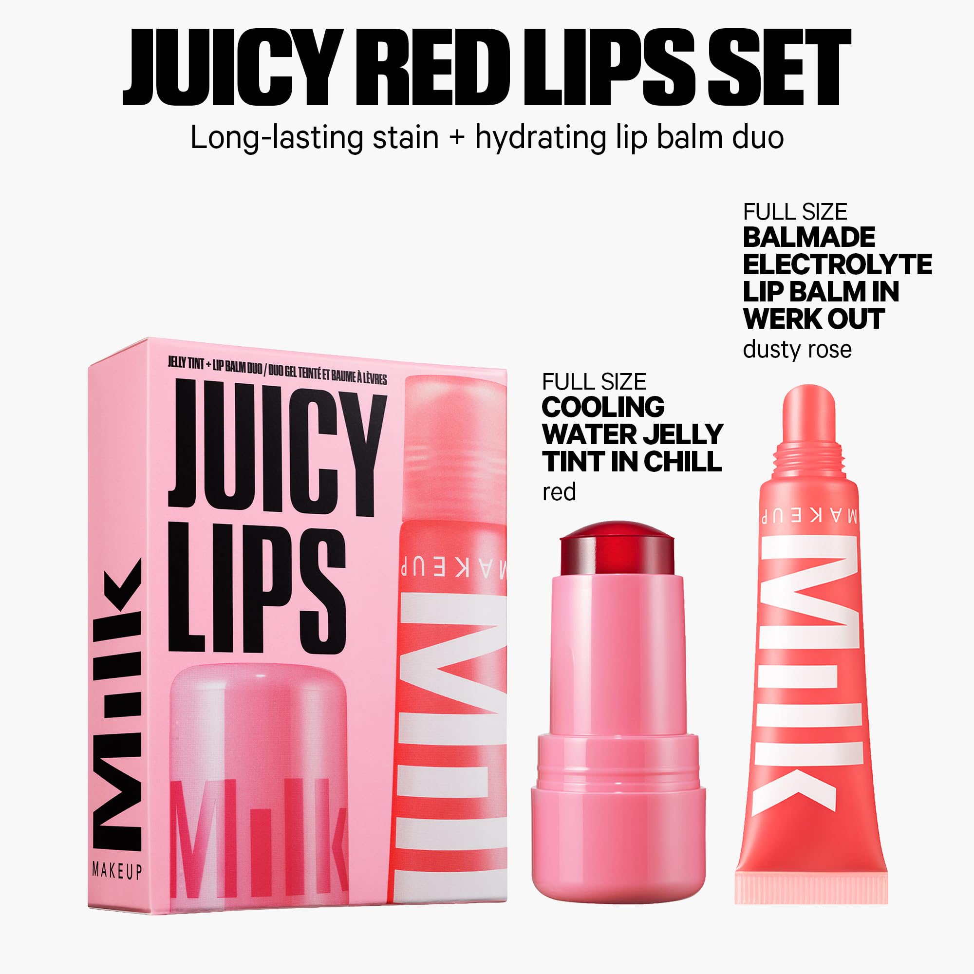 Milk Makeup Cooling Water Jelly Tint + Balmade Lip Balm Set, Red & Dusty Rose