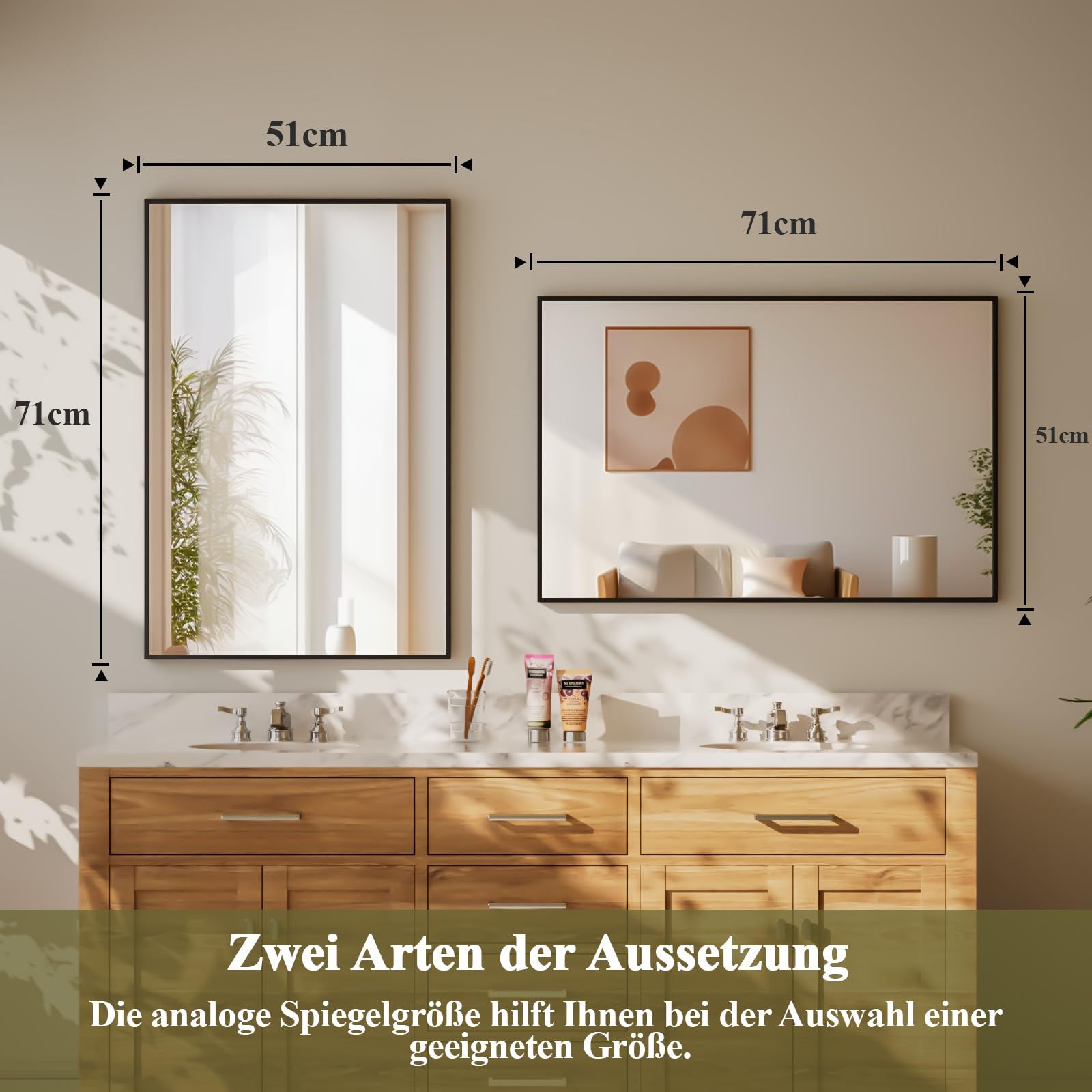 BEAUTYPEAK 76x51cm Rechteckiger Wandspiegel, Badezimmerspiegel mit schwarzem Aluminiumrahmen, Bruchsicherer Wandspiegel für Bad, Schlafzimmer, Wohnzimmer, Rectangular Bathroom Mirror