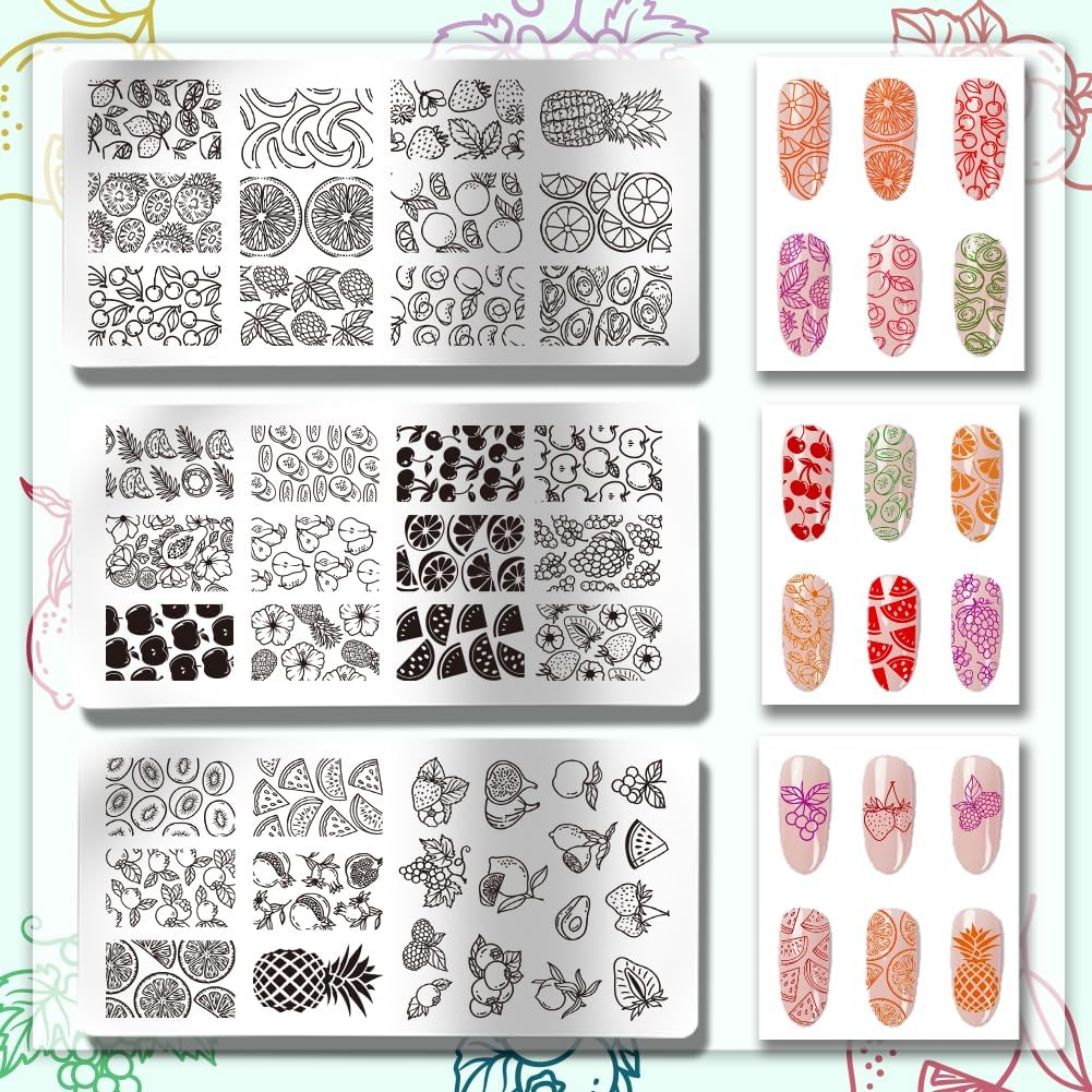PH PandaHall 45 Patterns Fruits Nail Art Stamping Plate, 3pcs Cute Nail Art Stencils Pinnapple Stawberry Nail Stamp Plate Stainless Steel Nail Image Plate for DIY Print Manicure Salon Nail Design