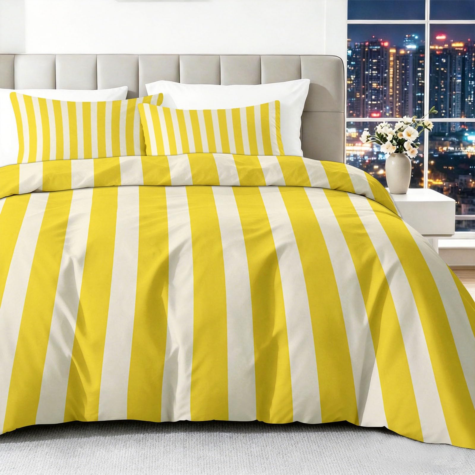 Juego de Ropa de Cama 150x220 cm Rayas Amarillas, Funda Nórdica Cama 90 Reversible Polialgodón Funda Edredon 3 Piezas para Niño Juvenil y Adulto, con Cremallera