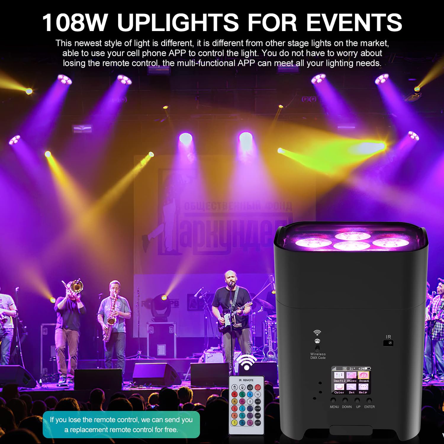 Luce par senza fili 6 x 18 W RGBWA+UV Uplighting - Luci da palcoscenico alimentate a batteria con APP, telecomando e controllo DMX, schermo LCD per DJ Live Show, matrimoni ed eventi