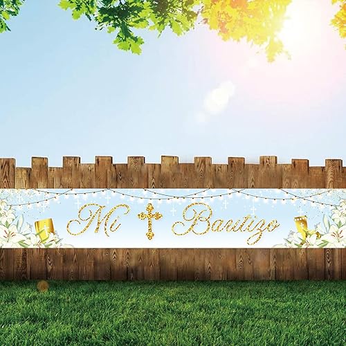 Miniatura 6 de INNORU Cartel grande de fondo Mi Bautizo, cartel de césped para fiesta de bautismo español mexicano, baby shower, patio, jardín, fiesta de primera