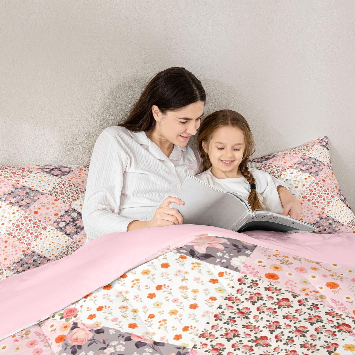Homewish Zestaw pościeli w stylu boho podwójny, wiejski kwiatowy zestaw pościeli boho, wiejski kwiat, rustykalny zestaw kołdry, patchworkowa różowa stokrotka, poszewka na kołdrę z 2 poszewkami na
