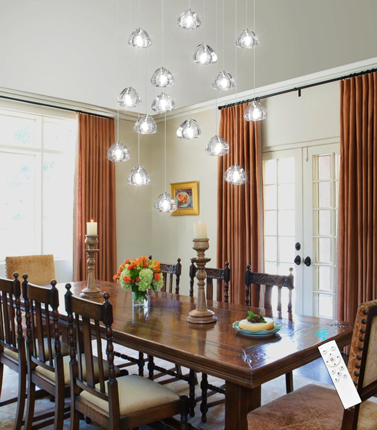 Crystal Rectangular LED Chandelier for Living Dining Room Light Dimmable High Ceiling Pendant Lights Fixtures Lighting Chandeliers for Foyer Entryway Lighting Polished Chrome