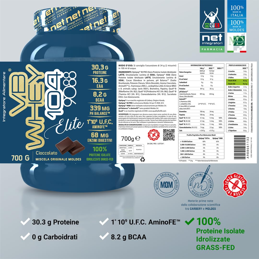 NET Integratori Farmacia VB WHEY 104 9088 Elite® - 700g Cioccolato - Sieroproteine Idrolizzate in Polvere Optipep 9088 e 90 PRO per Crescita e Recupero Muscolare - Formula ad Elevata Bioattività