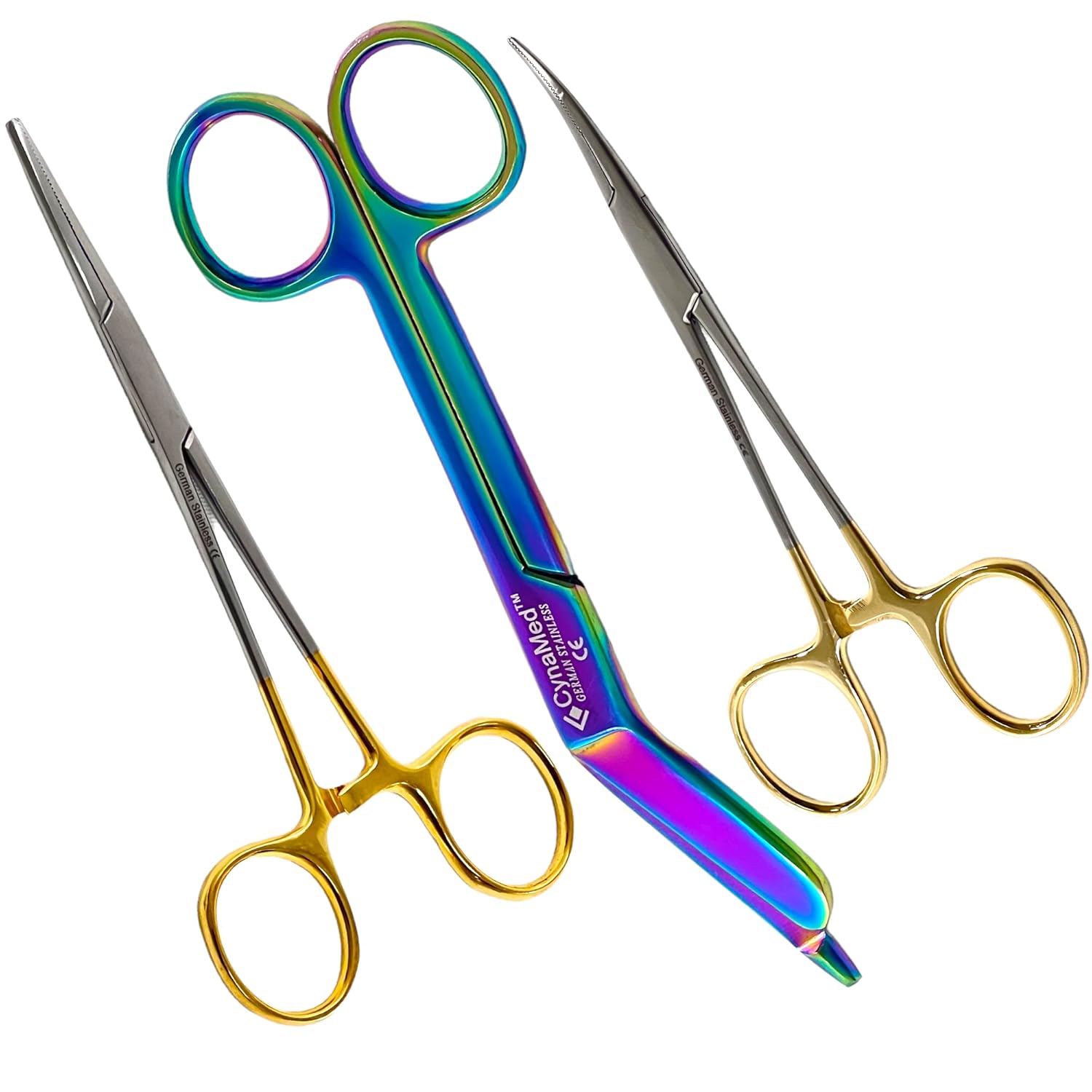 ArTLaB-Premium Hemostats Forceps,Straight, Curved 5.5" & Lister Bandage Scissors 5.5" Ideal for Nurses, EMT, Firefighter, Fisherman, Hobbyist, 3 pcs Set (Gold Rainbow Set of 3 PCS)