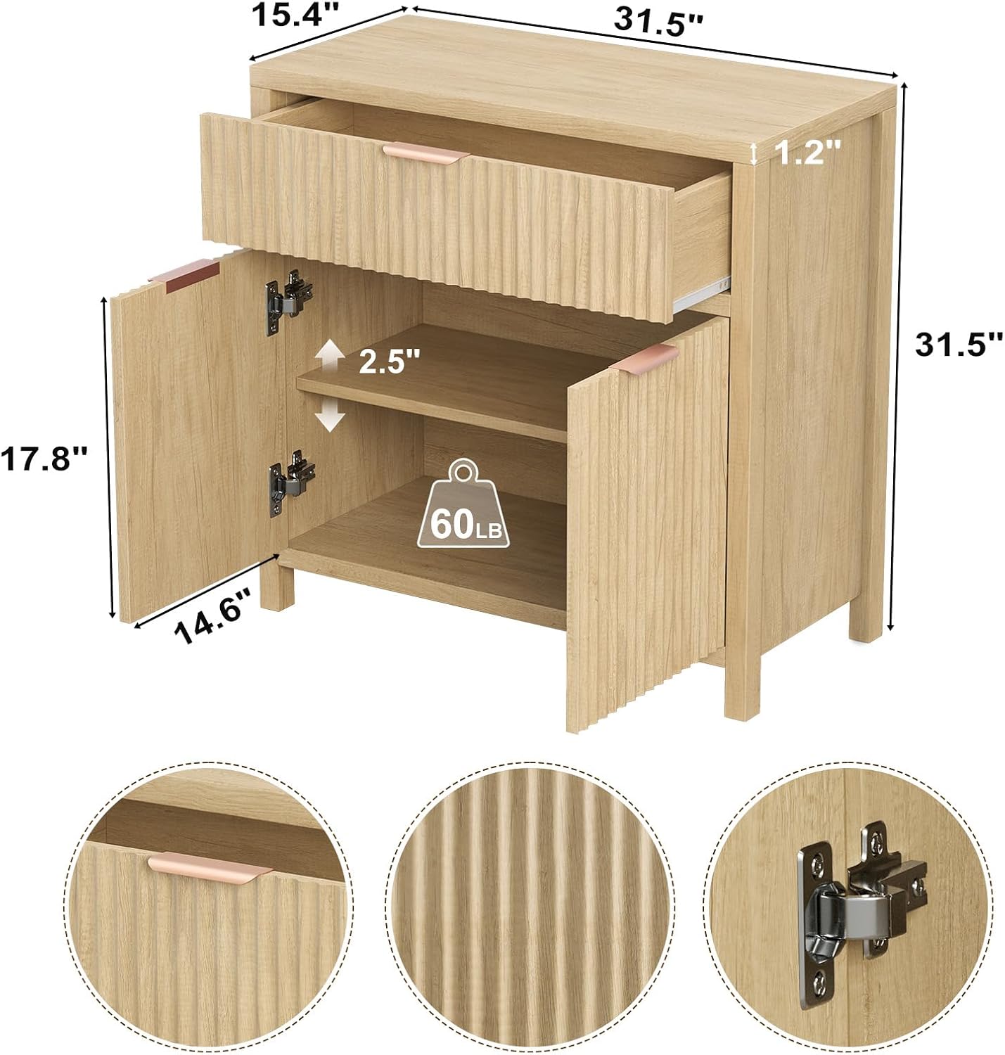 Svimi Fluted Sideboard Storage Cabinet with 2 Doors and 1 Drawer, Entryway Cabinet, Stable Accent Buffet Sideboards for Hallway or Living Room Oak