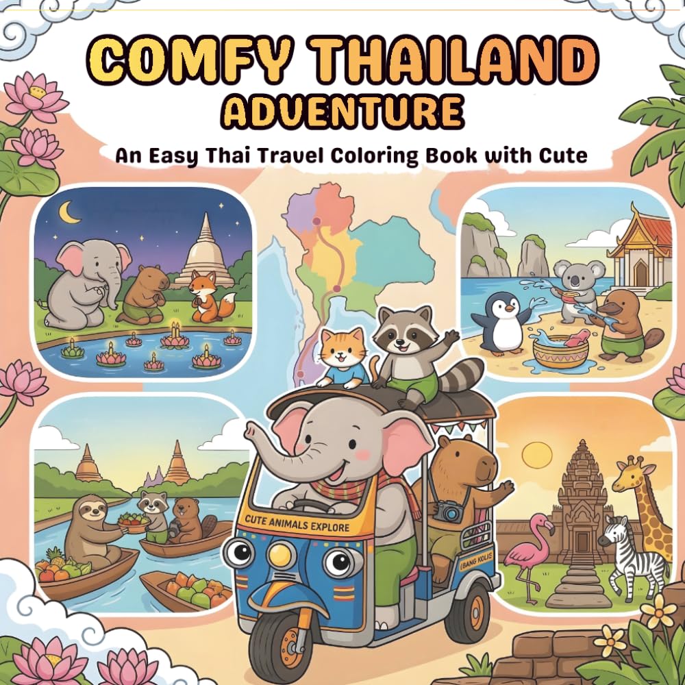Comfy Thailand Adventure Coloring Book: An Easy Travel Coloring Book Featuring Cute Animals and Beautiful Thai Landmarks for Adults, Women, Teens, ... & Seniors for Relaxation (Simply Thai Cozy)