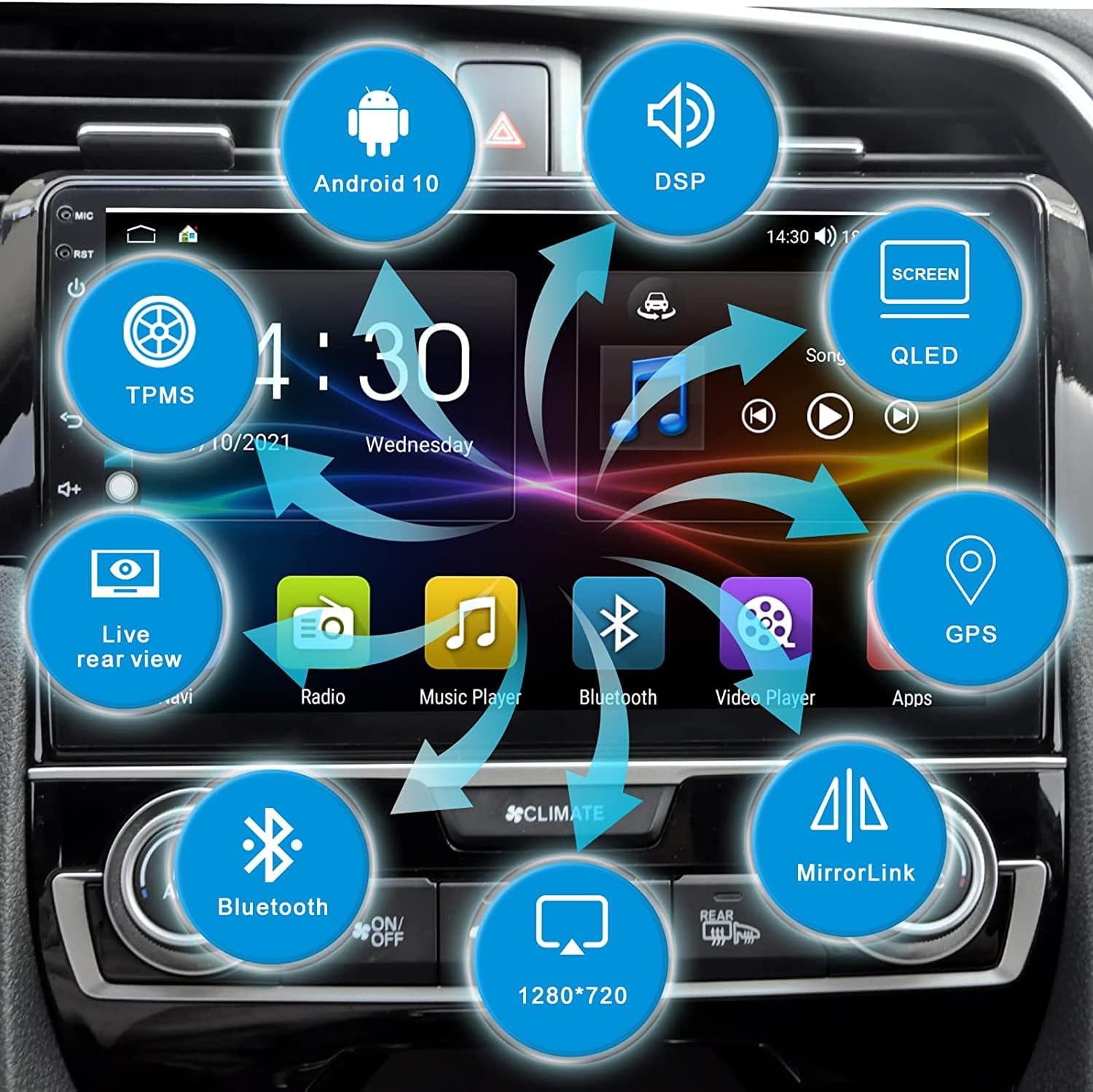 Car stereo interface displaying various features like Android 10, DSP, QLED, Live Rear View, GPS, and MirrorLink.