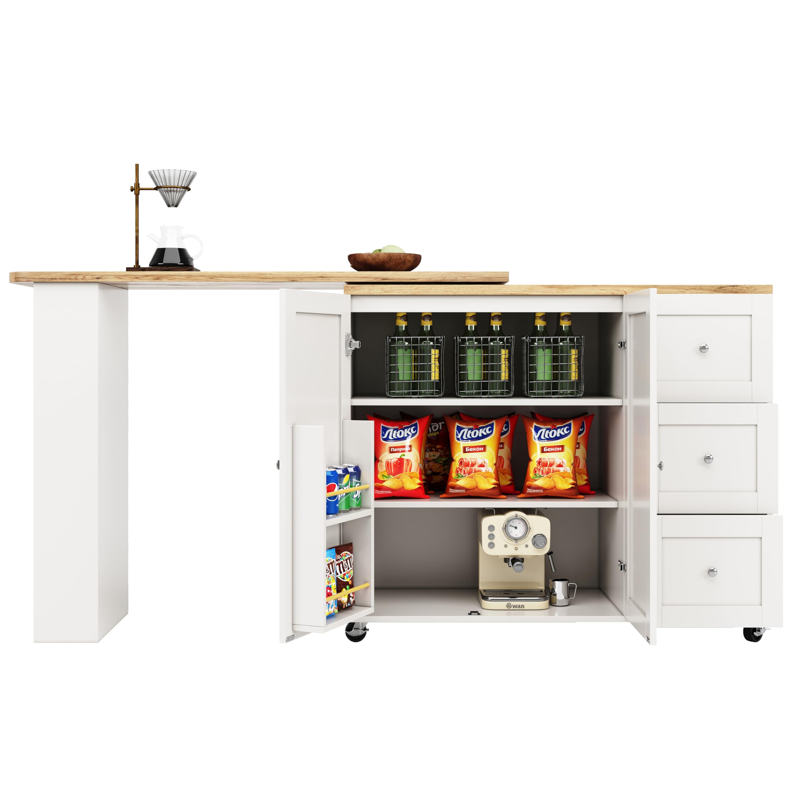 Bar allungabile con vano portaoggetti, girevole a 360° su ruote tavolo da pranzo allungabile con 3 cassetti e porta snack, tavolo reversibile per cucina, bianco