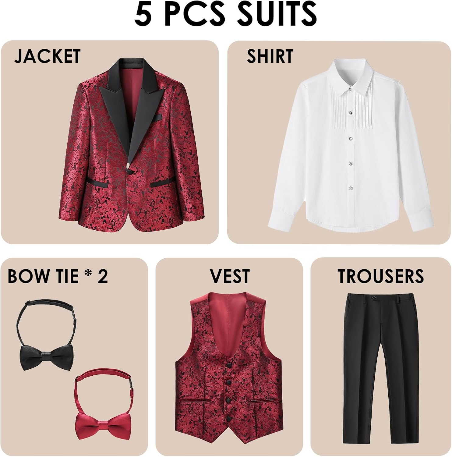 Lamgool Boys Tuxedo Suits 5 Piece Slim Fit Kids Floral Jacquard Formal Set Blazer White Shirt Vest Pants Bow Tie for Prom - Image 3