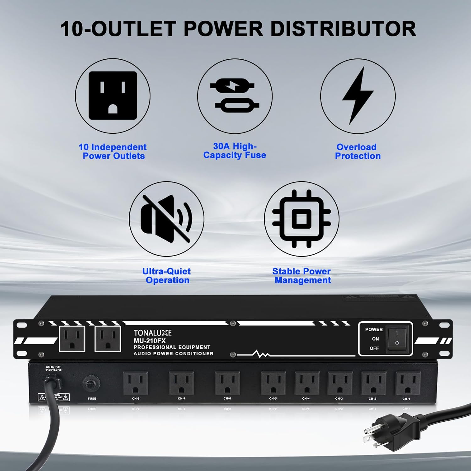 Power Conditioner for Audio Equipment, 10 Outlets 30A Rack Mount Audio Digital Pro Power Supply Controller Regulator for Home Theater Sound System Stage Studio (MU-210FX)